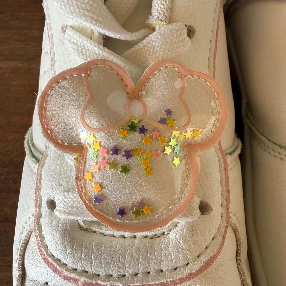 Disney Minnie Mouse White Pink Girls Sneakers Glitter Bow Shaker Size 2